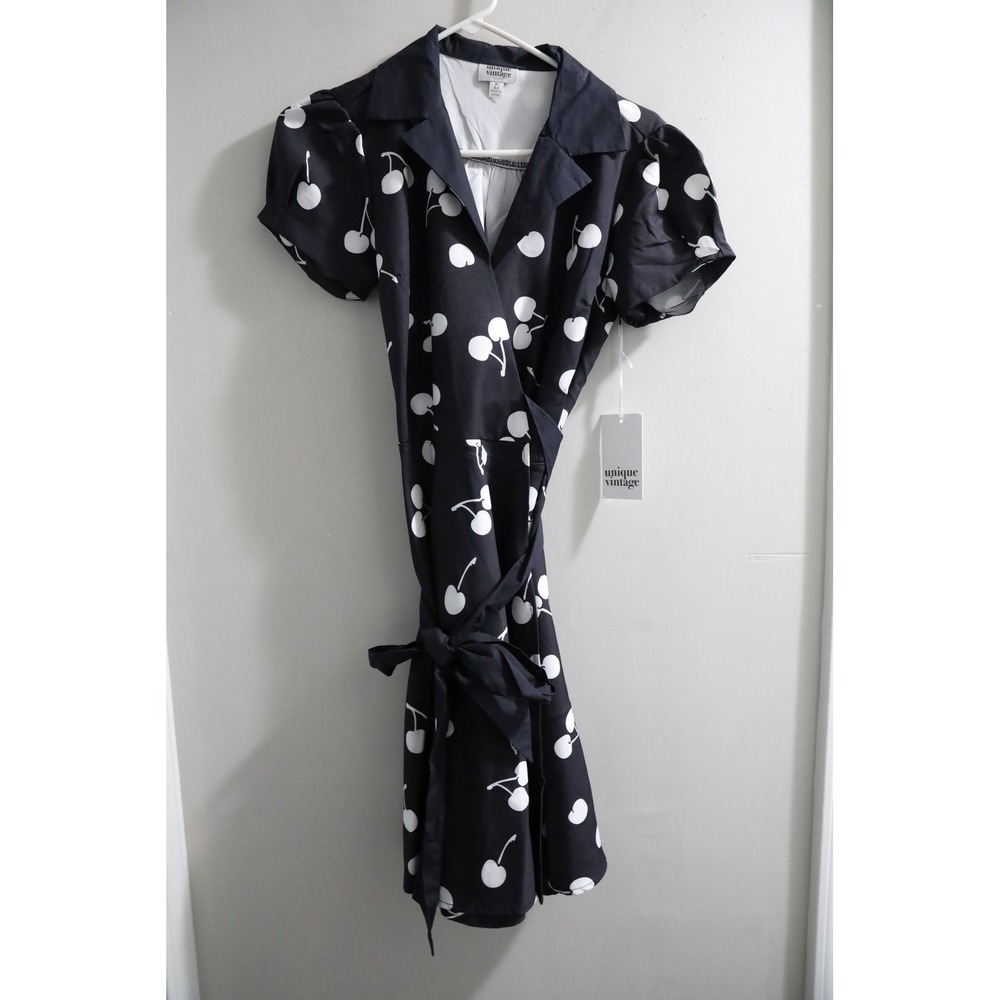Unique Vintage Black White Cherry Print‎ Wrap Dress Retro Rockabilly M 6-8